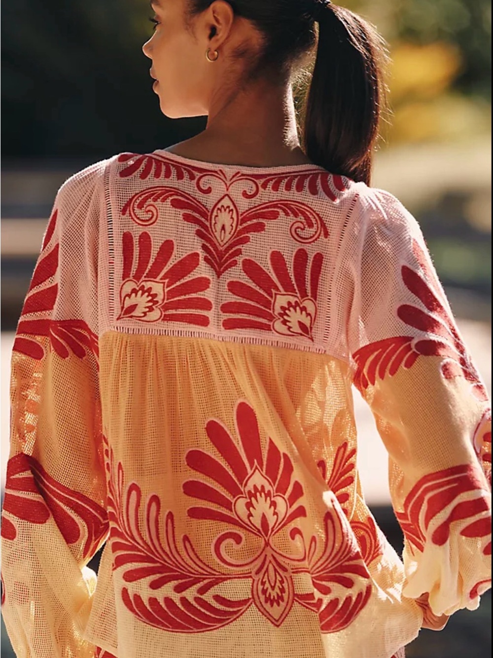 FARM Rio Cream and Red Embroidered Mesh Peasant Tunic